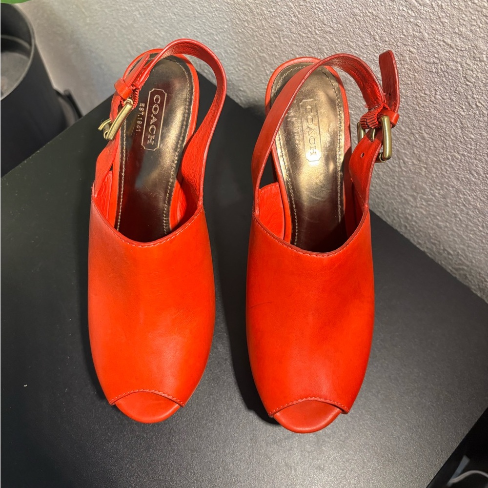 Coach Red Leather Mules with Wooden Heel - Picture 2 of 7